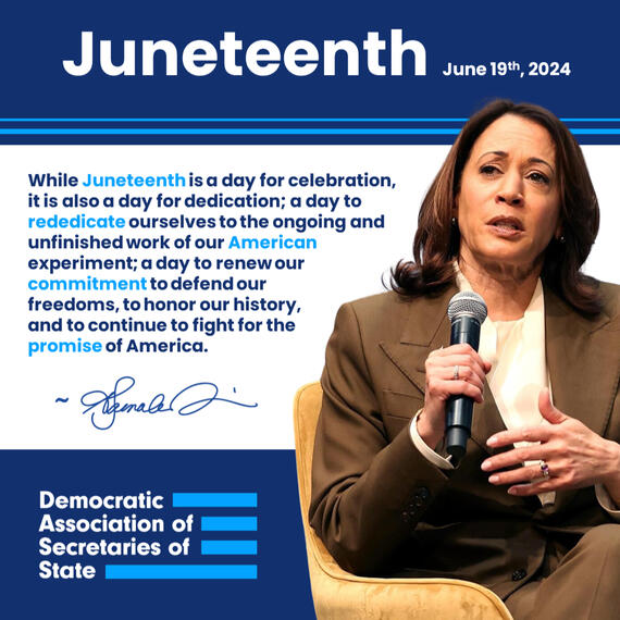 A Juneteenth graphic featuring Vice President Harris and her quote about the day's importance.