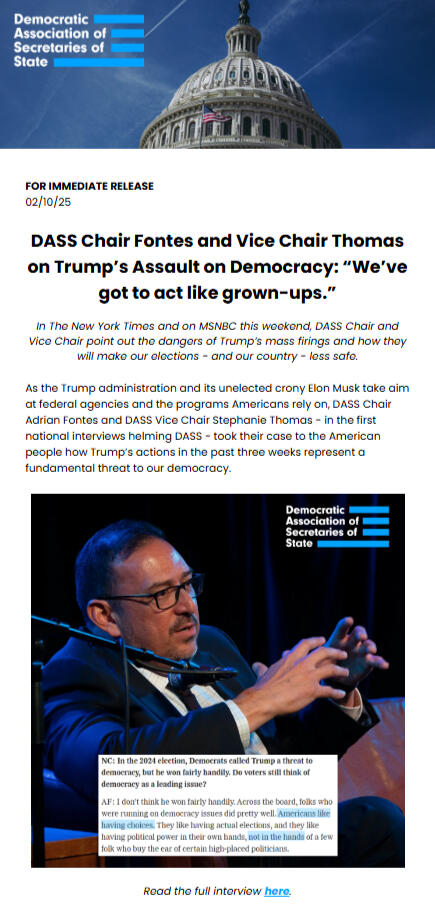 Our press release template, featuring important videos of Democratic Secretaries of State that were released that week.